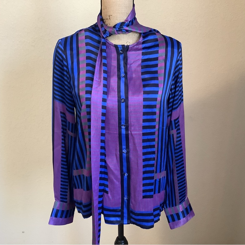 NWT Conditions Apply Claudiya Striped Purple and Blue Blouse attached Tie/Scarf